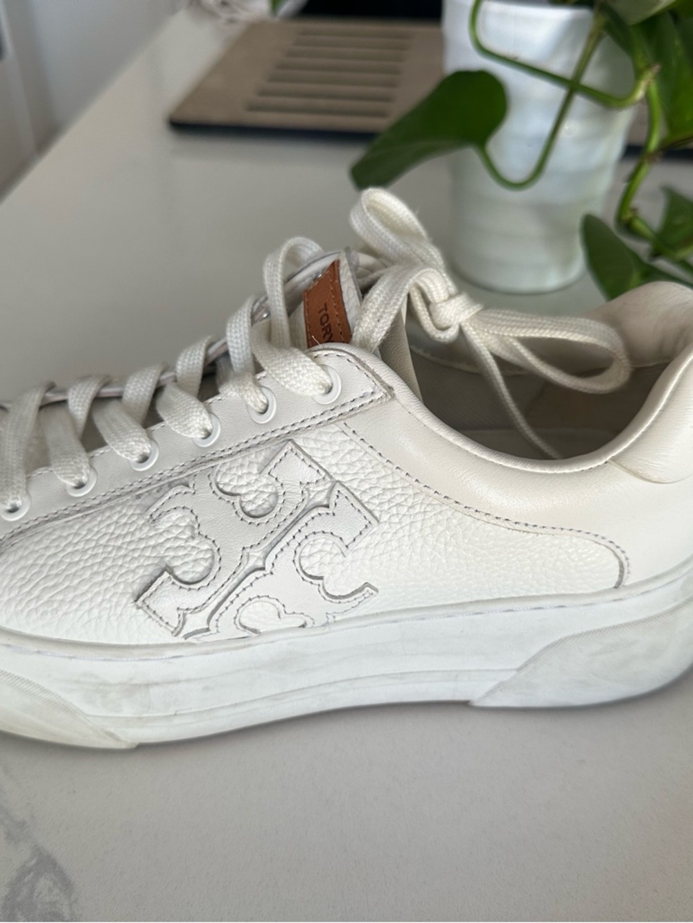 Tory Burch White Leather Logo Platform Sneaker